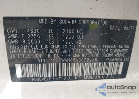 2022 Subaru Legacy Limited from USA, damaged, VIN 4S3BWAN65N3022236